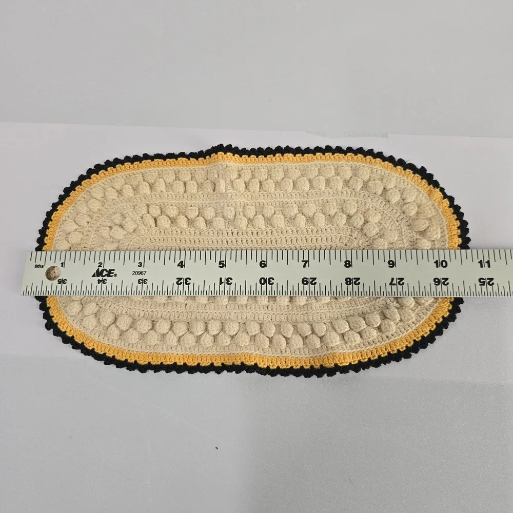 Vintage Small Oval Crochet Rug Cream Yellow Black Bobble Textured Accent‎ Mat